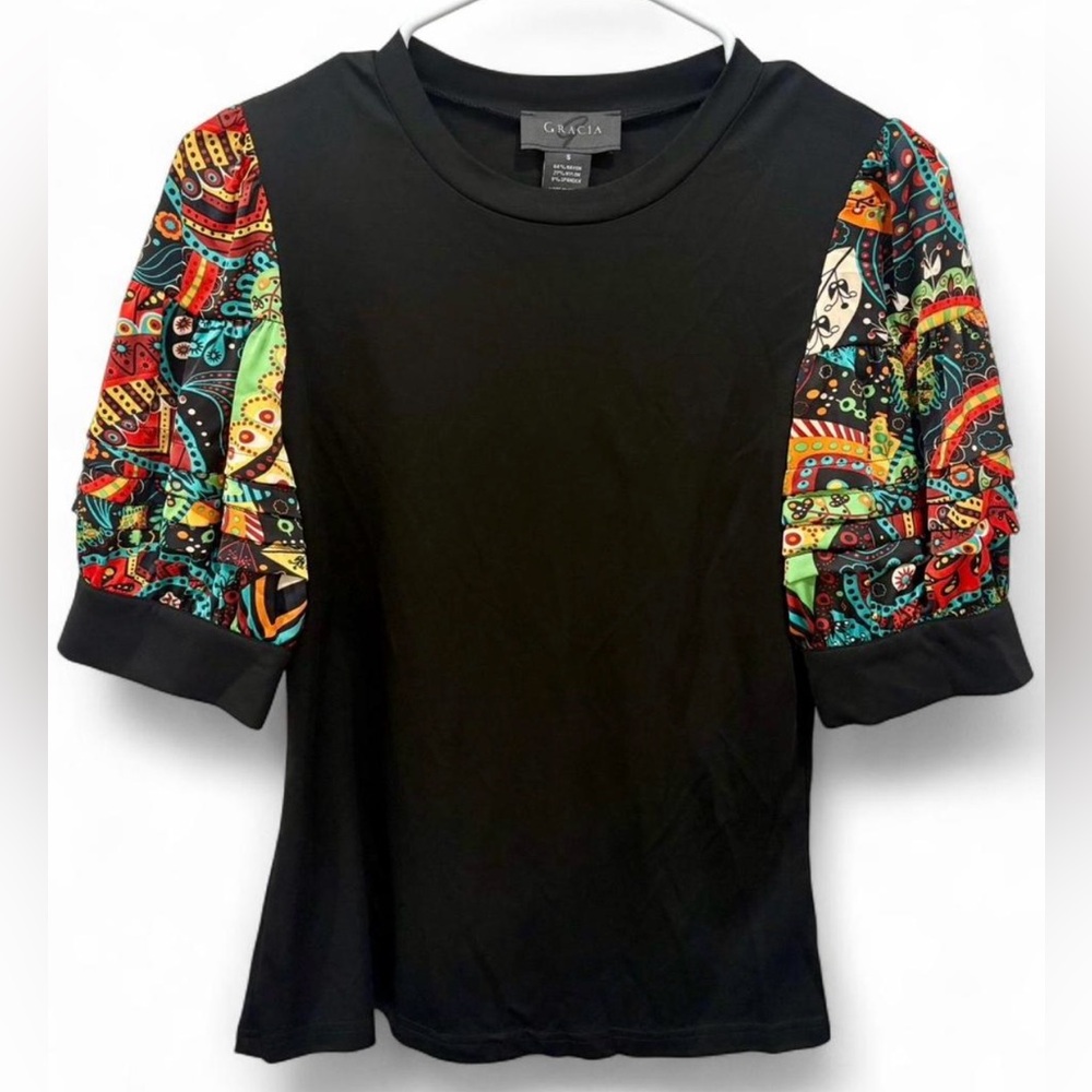 NWT Gracia Black Colorful Abstract Pattern Puff Sleeve Small Tiered Ruffle Pleat